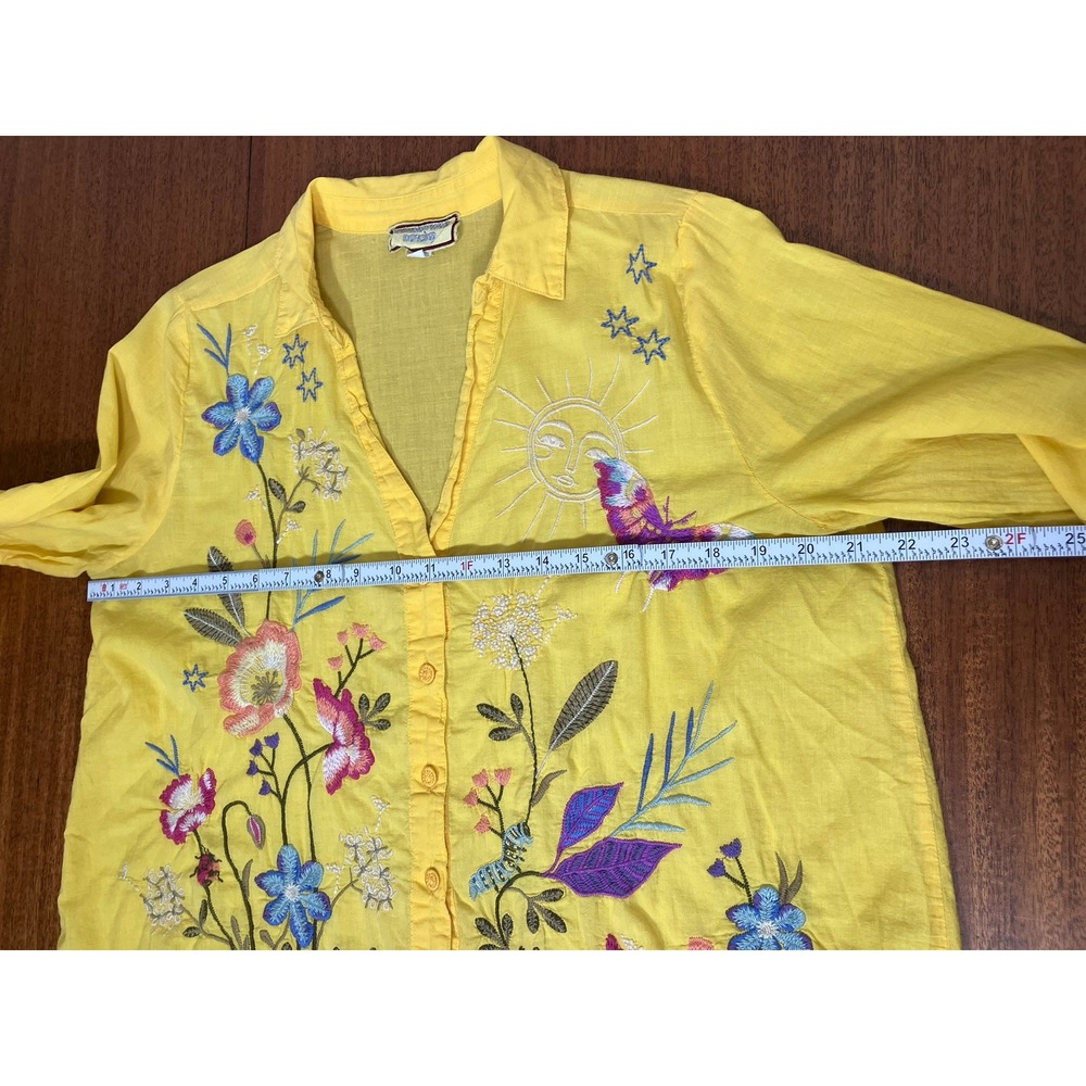 Johnny Was Workshop Yellow Cotton Embroidered Floral Sun Butterfly Shirt Small - Picture 8 of 16